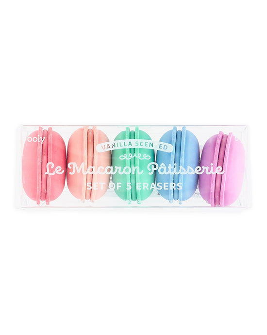 A set of le macaron patisserie scented erasers packaged in a clear plastic box, with "vanilla scented" text and branding that reads "Le Macaron Patisserie," evoking the essence of Ooly.