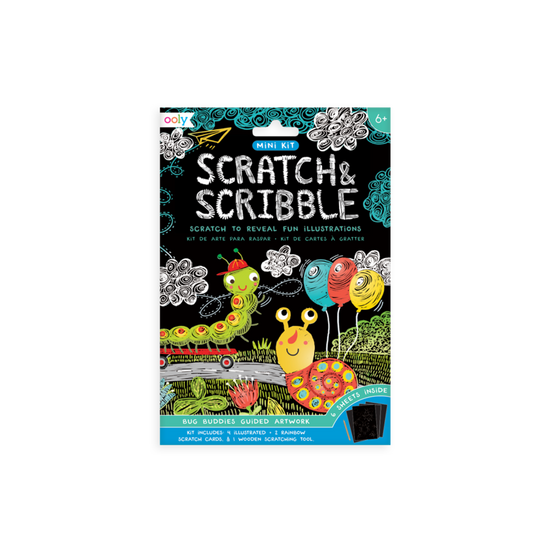 A package of ooly's mini scratch & scribble art kit: bug buddies - 7 piece set with an image of a snail.