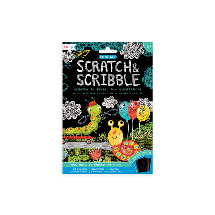 A package of ooly's mini scratch & scribble art kit: bug buddies - 7 piece set with an image of a snail.