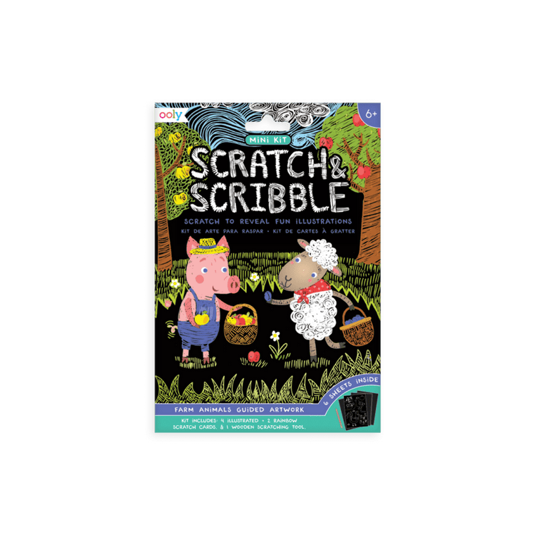 Ooly mini scratch & scribble art kit: farm animals - 7 piece set scratch art.