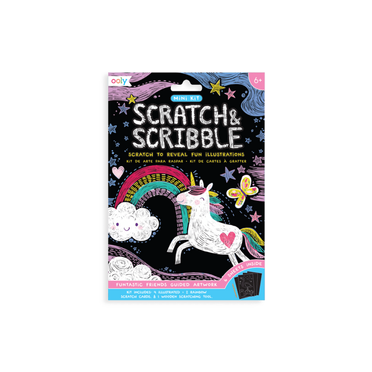 Art and craft Mini Scratch & Scribble Art Kit: Funtastic Friends - 7 Piece Set with a colorful fantasy theme packaging by ooly.