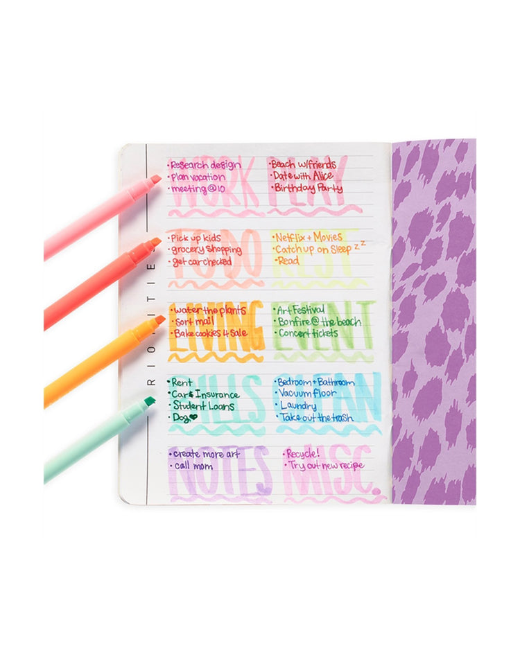 A notebook page with a colorful, leopard print background and a hand-written to-do list, overlayed with ooly's pastel mints scented highlighters.