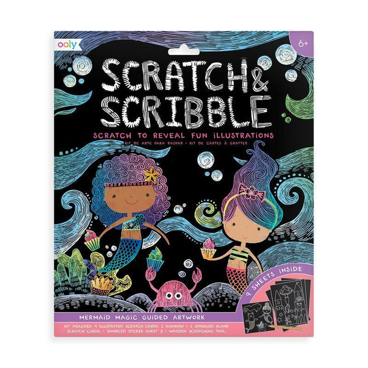 A package of ooly's Scratch & Scribble Art Kit: Mermaid Magic - 10 Piece Set featuring guided illustrations.