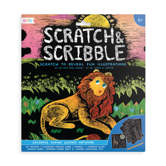 Scratch & Scribble kit featuring colorful safari theme with a scratch-off lion illustration on the cover by ooly.