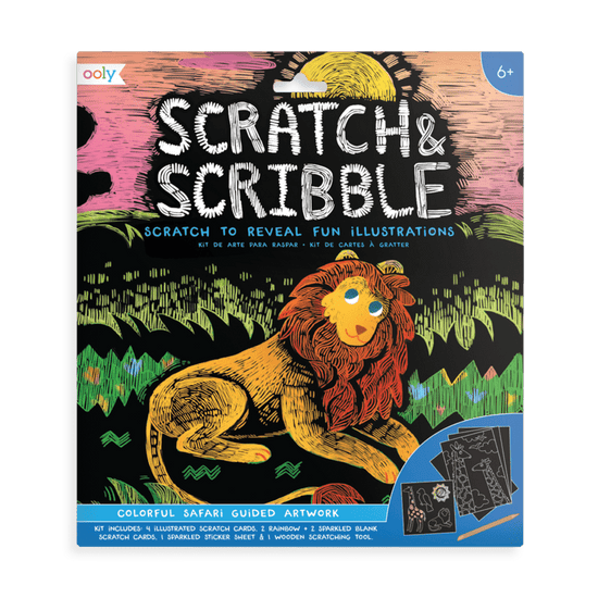 Scratch & Scribble kit featuring colorful safari theme with a scratch-off lion illustration on the cover by ooly.