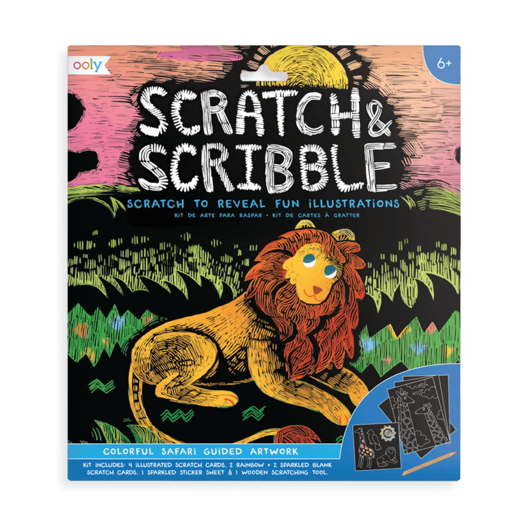Scratch & Scribble kit featuring colorful safari theme with a scratch-off lion illustration on the cover by ooly.