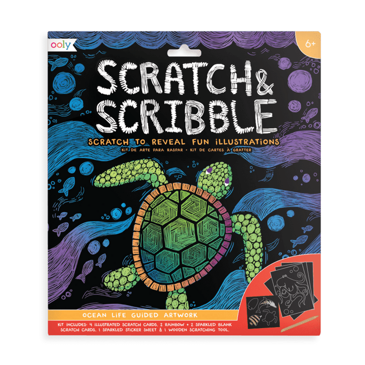 An ooly Scratch & Scribble - Ocean Life - 10 Piece Set for children with an ocean life theme, including tools and a sample illustration.