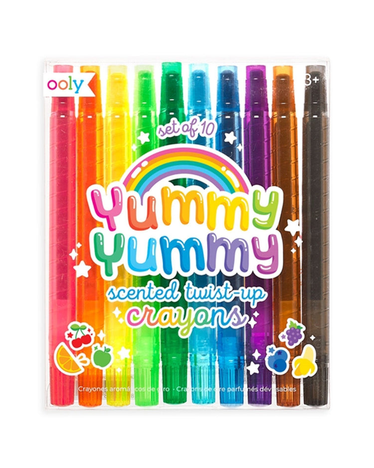 A pack of colorful Ooly yummy yummy scented twist-up crayons.