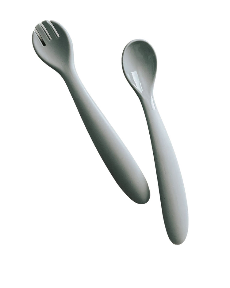 Little pretty please teethers silicone fork + spoon set in eucalyptus